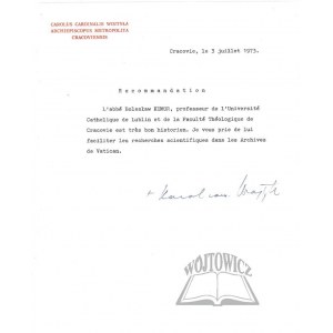 WOJTYŁA Karol (1920 - 2005), metropolita krakowski, od 1978 roku Papież Jan Paweł II., Autograf.
