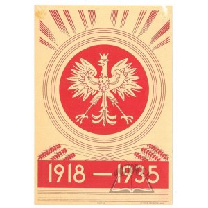 Biely orol na červenom pozadí, pod ním obilné klasy. 1918-1935.