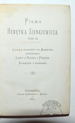 SIENKIEWICZ Henryk, Letters from a Journey in America.