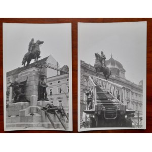 Kraków.Cztery pocztówki przedstawiające odbudowę Pomnika Grunwaldzkiego wzniesionego w 1910 r.