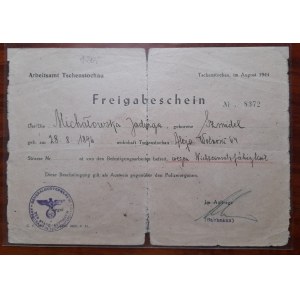 Częstochowa.Dopis Úřadu práce (arbeitsamt) ze srpna 1944.