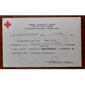 Zaświadczenie Polskiego Czerwonego Krzyża z Londynu z 9.07.1946 na nazwisko Kłoś Eustachy Zygmunt
