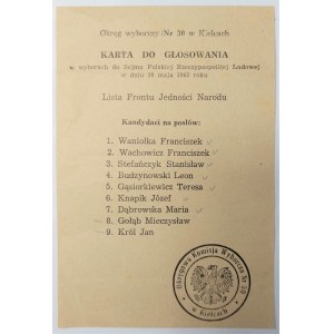 Karta do głosowania w wyborach do Sejmu Polskiej Rzeczypospolitej Ludowej w dniu 30 maja 1965 roku. Okręg wyborczy Nr 30 w Kielcach. Lista Frontu Jedności Narodu. Pieczęć Okręgowej Komisji Wyborczej Nr 30 w Kielcach. Karta czysta o wym. 15 x 10 cm.Karta d