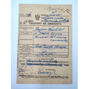 Paszport na zwierzęta - Lwów / Kamionka Wołoska [1926]