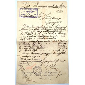 Dokument - Sąd Powiatowy w Tyczynie 21. maj 1918 , pieczęć Gminy Izraelickiej w Tyczynie