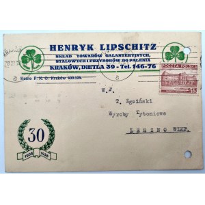 Reklamná karta - Henryk Lipschitz - Sklad fajčiarskych potrieb, pokovovania a oceľového tovaru - 1938