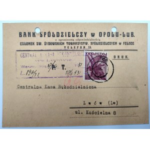 Reklamná karta - Družstevná banka v Opole - člen Zväzu židovských družstiev v Poľsku