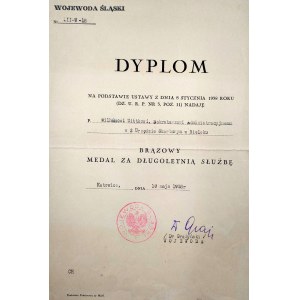 Diploma of awarding the Medal for long service - Katowice 1938