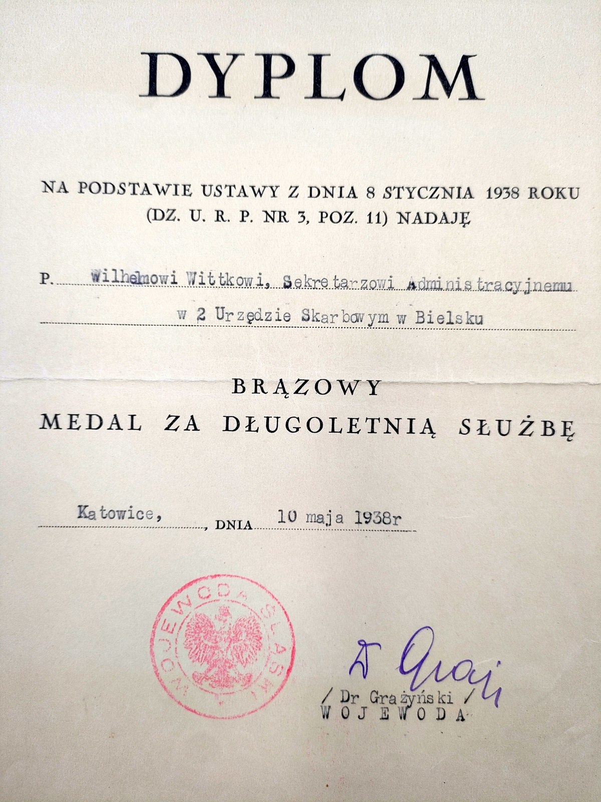 Dyplom nadania Medalu za Długoletnią Służbę - Katowice 1938