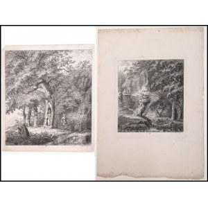 Salomon Gessner (1730 - 1788), Lot of two prints: Landscape with nymph and satyr and Landscape with figures having a conversation, 1764