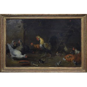 Melchior DE HONDECOETER (1636-1695), Rooster with hen and chicks [Courtyard with hens].