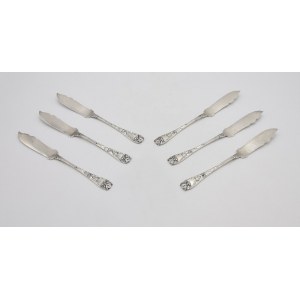J. FRAGET - SILVER AND PLATERED GOODS FABRIC (company active 1824-1944), Set of 6 fish knives with Egyptian (empire) pattern.