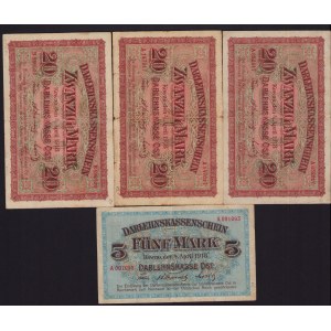 Lot of paper money: Germany, Lithuania, Kowno (Kaunas) 20 & 5 Mark 1918 (4)