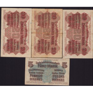 Lot of paper money: Germany, Lithuania, Kowno (Kaunas) 20 & 5 Mark 1918 (4)