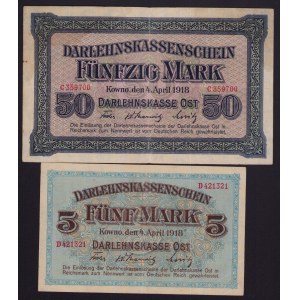 Lot of paper money: Germany, Lithuania, Kowno (Kaunas) 50 & 5 Mark 1918 (2)