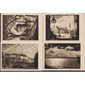 Estonia Group of postcards - Tallinn - Vaade merelt, Raekoja plats, Majad Toompea veerul, Kick in de Kök before 1940 (4)