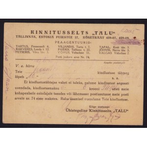 Estonia Insurance reminder postcard Tallinn-Jõgeva 1936
