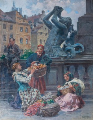 Zdzisław Jasiński (1863 Warszawa - 1932 tamże), Przekupki na Placu Zamkowym, 1923 r.