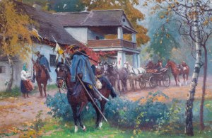 Zygmunt Rozwadowski (1870 Lwów - 1950 Zakopane), Ułani przed dworem, 1923 r.