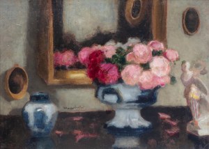 Alfons Karpiński (1875 Rozwadów - 1961 Kraków), Martwa natura z różami i porcelaną