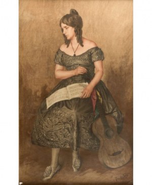 Josef WAHL (1875-1951), Młoda dama z nutami i gitarą