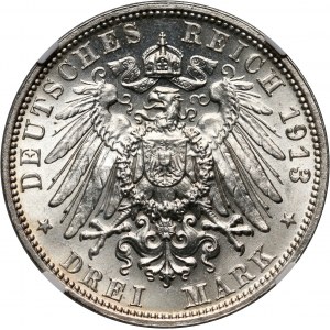 Germany, Saxony, Friedrich August III, 3 Mark 1913 E, Muldenhütten, Battle of Leipzig