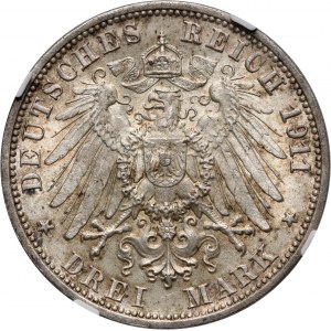 Nemecko, Württembersko, Wilhelm II, 3 marky 1911 F, Stuttgart, strieborné jubileum