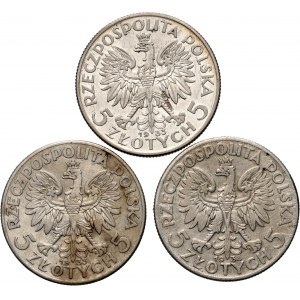 II RP, zestaw 3 x 5 złotych 1933-1934, Głowa Kobiety