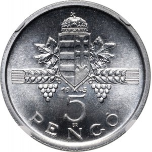 Węgry, 5 pengo 1945 BP, Parlament, PRÓBA, Aluminium