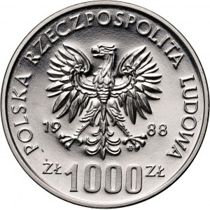 PRL, 1000 złotych 1988, XIV Mistrzostwa Świata w Piłce Nożnej - Włochy 1990, PRÓBA, Nikiel