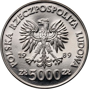 PRL, 5000 złotych 1989, Żołnierz Polski na frontach II Wojny Światowej - Westerplatte, PRÓBA, Nikiel
