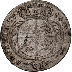 Prusko, Fridrich II., šesťpence 1756 E, Königsberg, pruská napodobenina korunného šesťpence Augusta III.