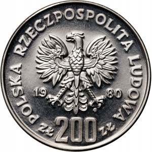 Poľská ľudová republika, 200 zlotých 1980, Boleslav I. Chrabrý, polovičný stĺp, SAMPLE, nikel