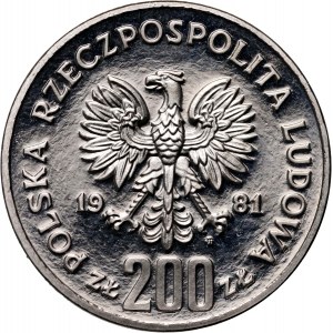 Poľská ľudová republika, 200 zlotých 1981, Boleslav II Smelý, polopostava, SAMPLE, nikel