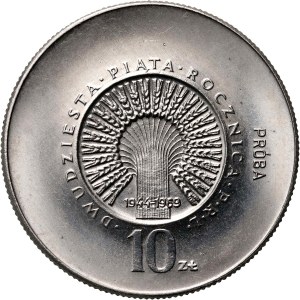 PRL, 10 Zloty 1969, 25. Jahrestag der Volksrepublik Polen, PRÓBA, Nickel, ohne Monogramm JJ auf der Rückseite