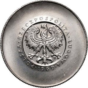 PRL, 10 zlotých 1969, 25. výročí Polské lidové republiky, PRÓBA, nikl, bez monogramu JJ na rubové straně