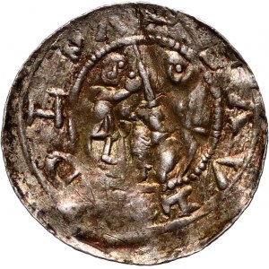 Ladislav II. vyhnanec 1138-1146, denár, boj rytiera s levom