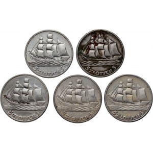 II RP, Satz, 5 x 5 Zloty 1936, Warschau, Segelschiff