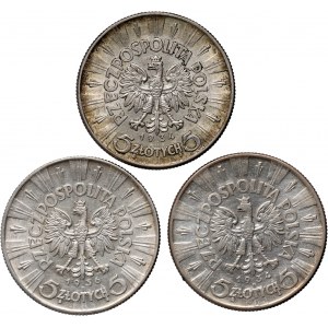 II RP, set, 3 x 5 gold from 1934-1936, Warsaw, Józef Piłsudski