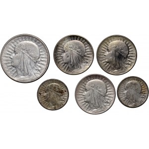 Second Republic, set, 6 coins from 1932-1934, Head of a Woman
