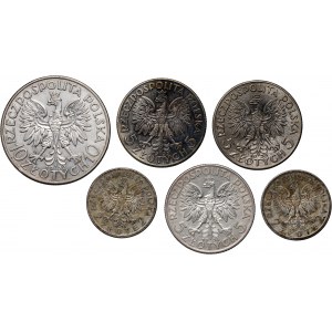 II RP, Satz, 6 Münzen aus den Jahren 1932-1934, Kopf einer Frau