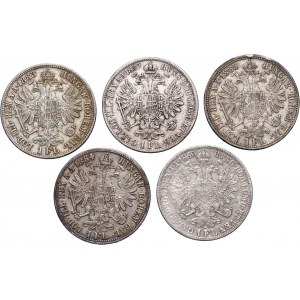 Austria, Franz Joseph I, lot of 5 x Florin 1859-1885