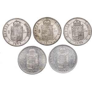 Hungary, Franz Joseph I, lot of 5 x Forint 1878-1879
