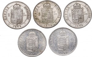 Hungary, Franz Joseph I, lot of 5 x Forint 1878-1879