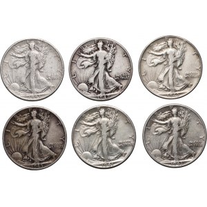 USA, lot, 6 x 1/2 Dollar 1941-1946, Walking Liberty