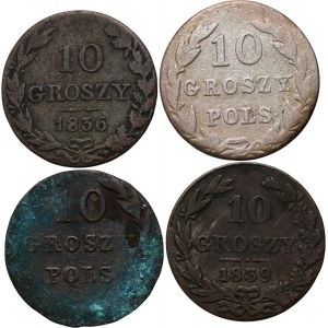 Russische Teilung, Nikolaus I., Satz von 4 x 10 Pfennigen aus den Jahren 1828-1839