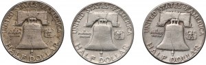 Stany Zjednoczone Ameryki, zestaw, 3 x 1/2 dolara 1952, Franklin