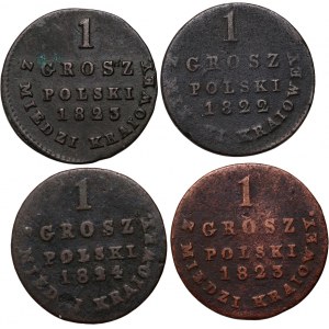 Congress Kingdom, Alexander I, set of 4 x 1 domestic copper pennies from 1822-1824