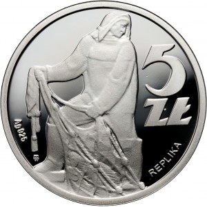 III RP, 5 zlotých 1958 (2012), Rybár, striebro, REPLICA - Poľská mincovňa