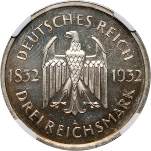 Nemecko, Weimarská republika, 3 marky 1932 A, Berlín, Goethe, Zrkadlová známka, PROOF